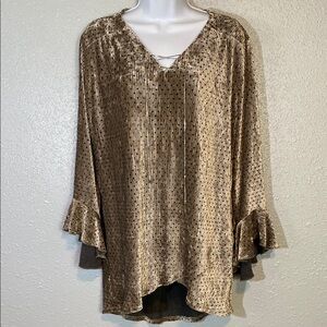 Cato Cream and Black Bell Sleeve Tunic with Ruffled Elegance